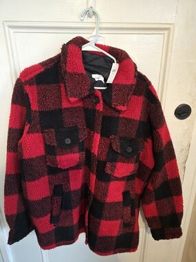 GAP Red & Black Sherpa Plaid Shirt Jacket